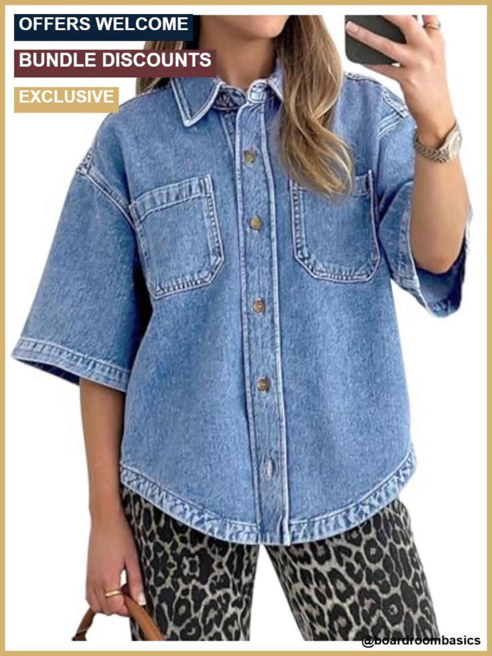 Womens Denim Button Down Shirt Oversized V-Neck Short Sleeve Blouse